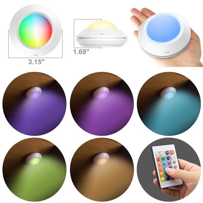 HONWELL Push Lights, LED Puck Lights with Remote, Battery Operated Under Cabinet Lighting,Cordless RGB Color Changing Touch Fairy Light with Dimmer, Stick on Light for Closet Classroom Shelf - Image 3